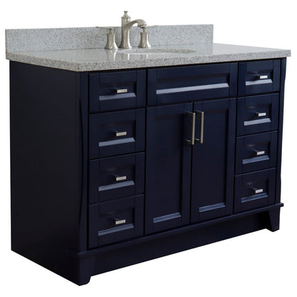49" Single sink vanity in Blue finish with Gray granite and oval sink