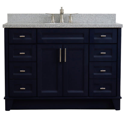 49" Single sink vanity in Blue finish with Gray granite and oval sink