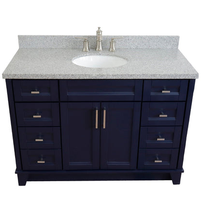 49" Single sink vanity in Blue finish with Gray granite and oval sink