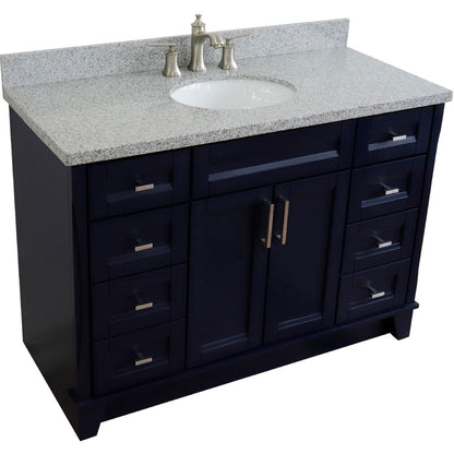 49" Single sink vanity in Blue finish with Gray granite and oval sink