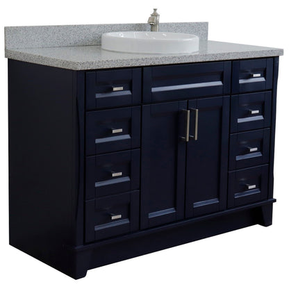 49" Single sink vanity in Blue finish with Gray granite and round sink