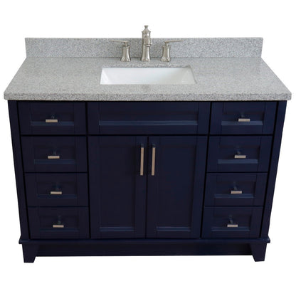 49" Single sink vanity in Blue finish with Gray granite and rectangle sink