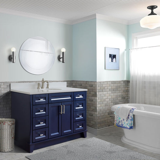 49" Single sink vanity in Blue finish with White engineered stone and oval sink