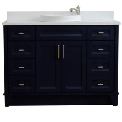 49" Single sink vanity in Blue finish with White engineered stone and round sink