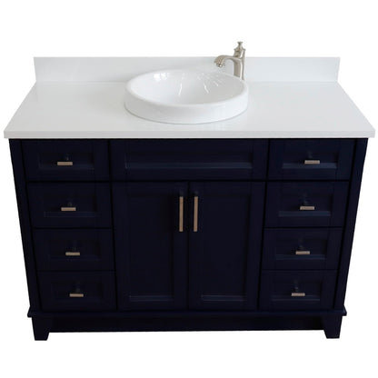 49" Single sink vanity in Blue finish with White engineered stone and round sink
