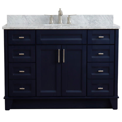 49" Single sink vanity in Blue finish with White carrara marble and oval sink