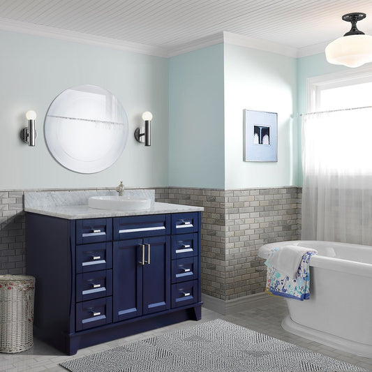 49" Single sink vanity in Blue finish with White carrara marble and round sink
