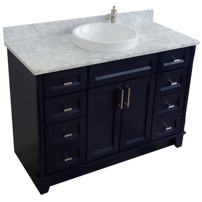 49" Single sink vanity in Blue finish with White carrara marble and round sink