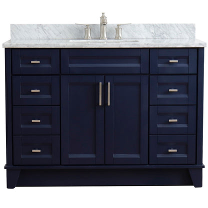 49" Single sink vanity in Blue finish with White carrara marble and rectangle sink