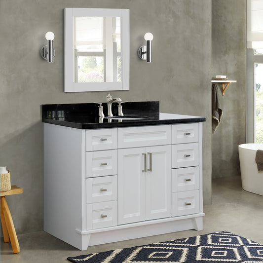 49" Single sink vanity in White finish with Black galaxy granite and oval sink