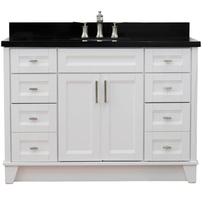 49" Single sink vanity in White finish with Black galaxy granite and oval sink
