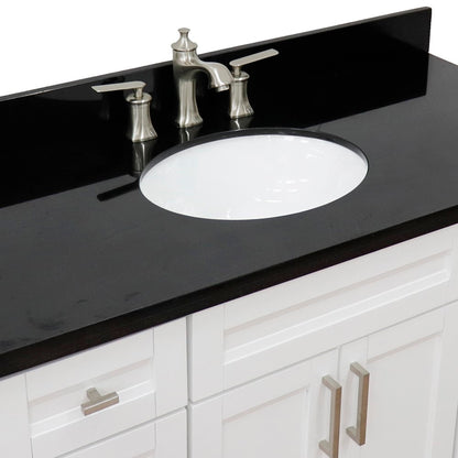 49" Single sink vanity in White finish with Black galaxy granite and oval sink