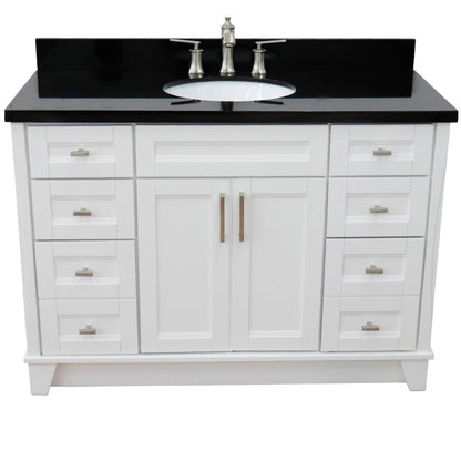 49" Single sink vanity in White finish with Black galaxy granite and oval sink