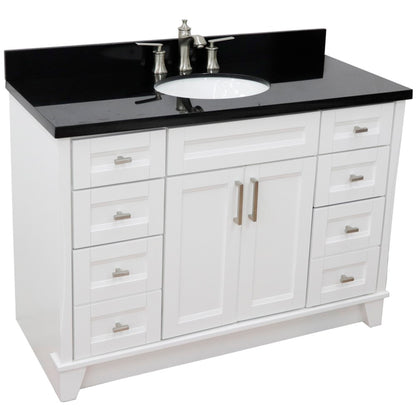49" Single sink vanity in White finish with Black galaxy granite and oval sink