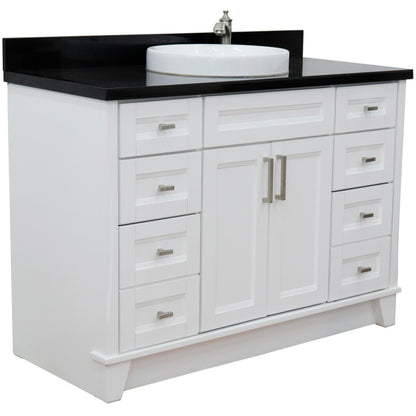 49" Single sink vanity in White finish with Black galaxy granite and round sink