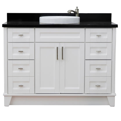 49" Single sink vanity in White finish with Black galaxy granite and round sink