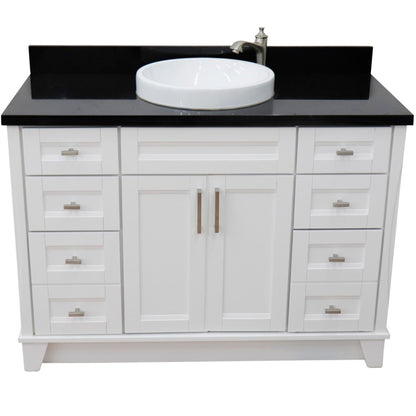 49" Single sink vanity in White finish with Black galaxy granite and round sink