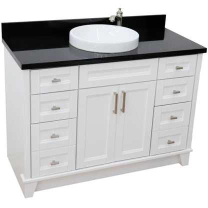 49" Single sink vanity in White finish with Black galaxy granite and round sink