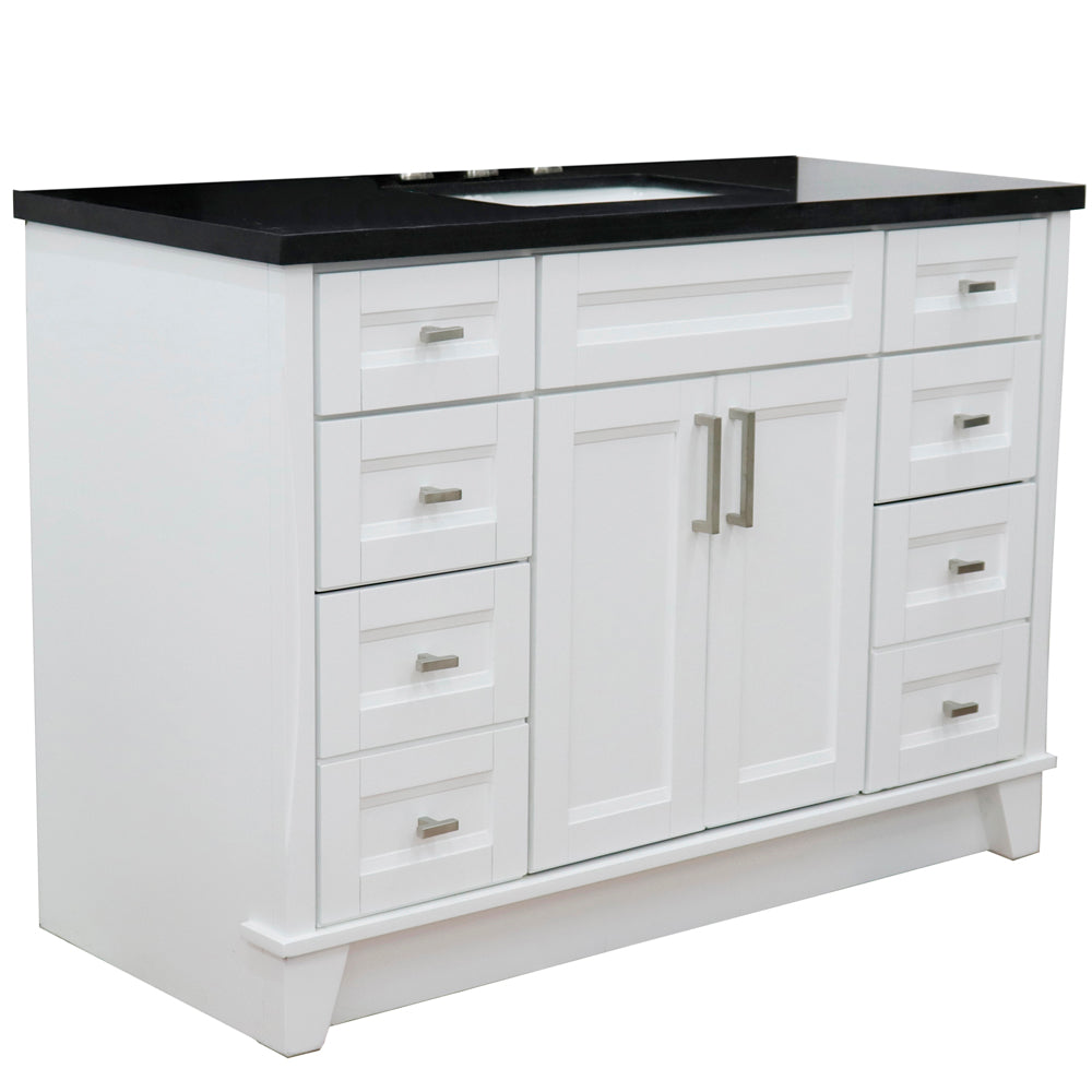 49" Single sink vanity in White finish with Black galaxy granite and rectangle sink