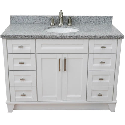 49" Single sink vanity in White finish with Gray granite and oval sink