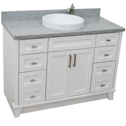 49" Single sink vanity in White finish with Gray granite and round sink