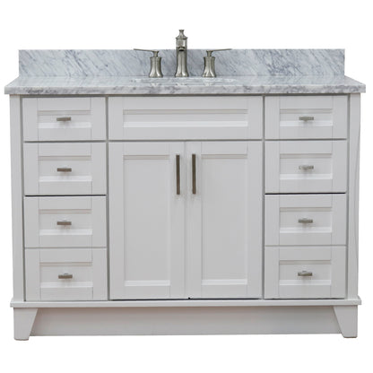 49" Single sink vanity in White finish with White Carrara marble and oval sink