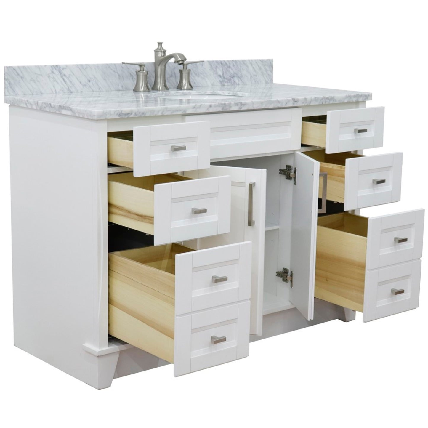 49" Single sink vanity in White finish with White Carrara marble and oval sink