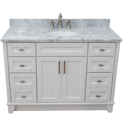 49" Single sink vanity in White finish with White Carrara marble and oval sink