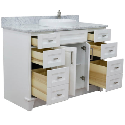 49" Single sink vanity in White finish with White Carrara marble and round sink