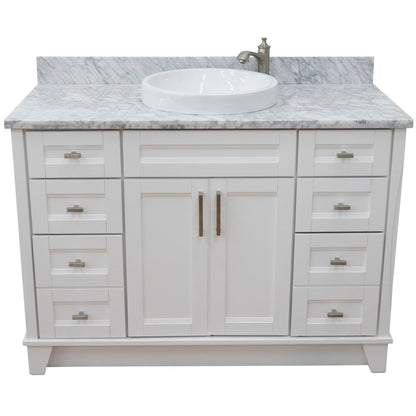 49" Single sink vanity in White finish with White Carrara marble and round sink