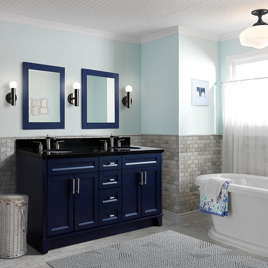 61" Double sink vanity in Blue finish and Black galaxy granite and oval sink
