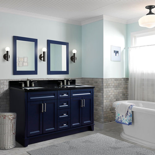 61" Double sink vanity in Blue finish and Black galaxy granite and rectangle sink