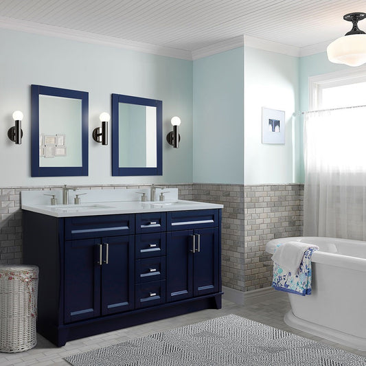 61" Double sink vanity in Blue finish and White engineered stone and rectangle sink