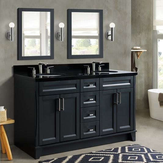 61" Double sink vanity in Dark Gray finish and Black galaxy granite and oval sink