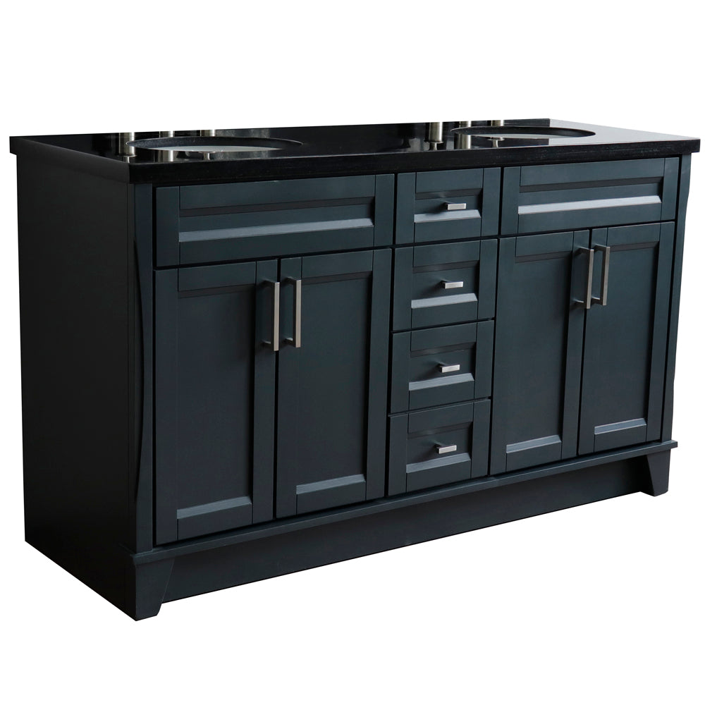 61" Double sink vanity in Dark Gray finish and Black galaxy granite and oval sink