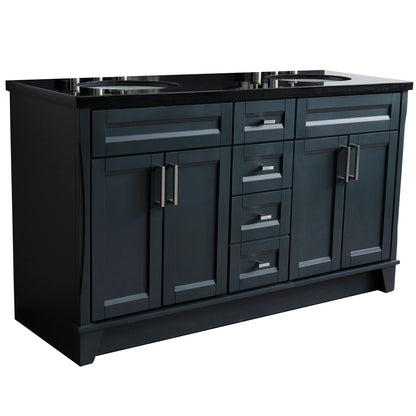 61" Double sink vanity in Dark Gray finish and Black galaxy granite and oval sink