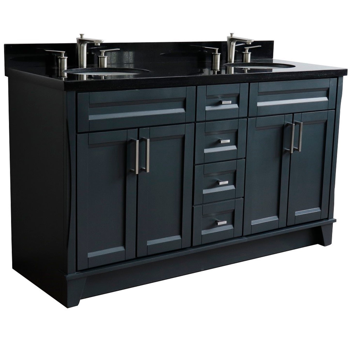 61" Double sink vanity in Dark Gray finish and Black galaxy granite and oval sink