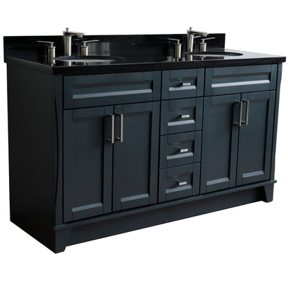 61" Double sink vanity in Dark Gray finish and Black galaxy granite and oval sink