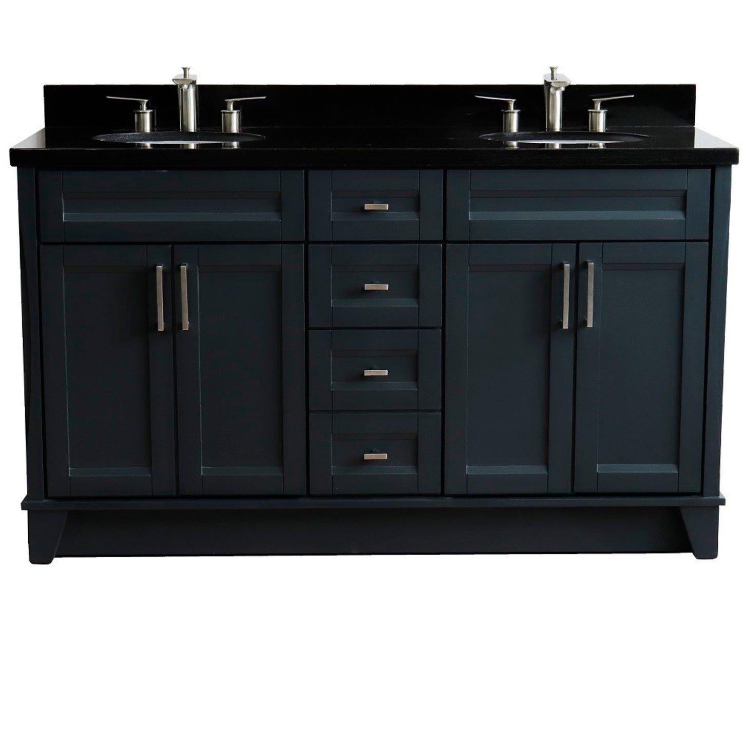 61" Double sink vanity in Dark Gray finish and Black galaxy granite and oval sink