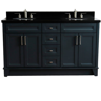 61" Double sink vanity in Dark Gray finish and Black galaxy granite and oval sink
