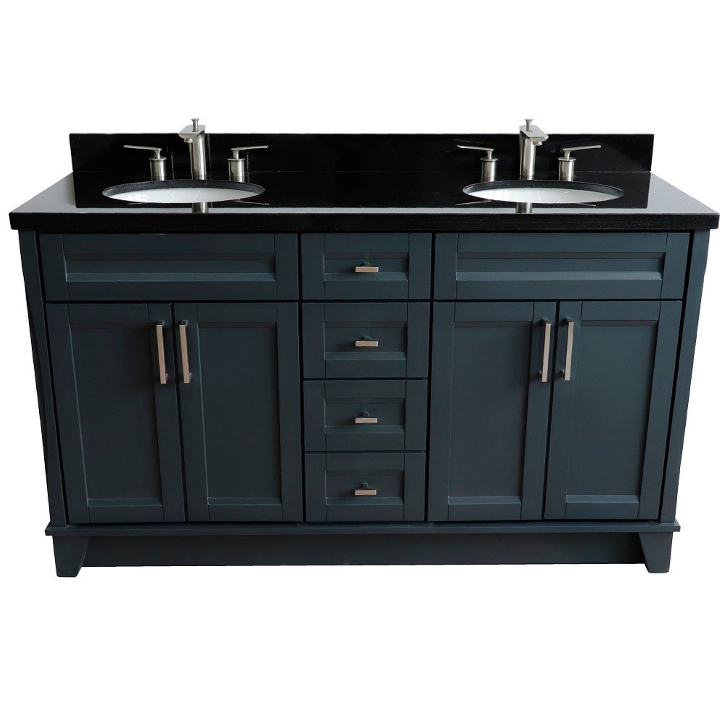 61" Double sink vanity in Dark Gray finish and Black galaxy granite and oval sink