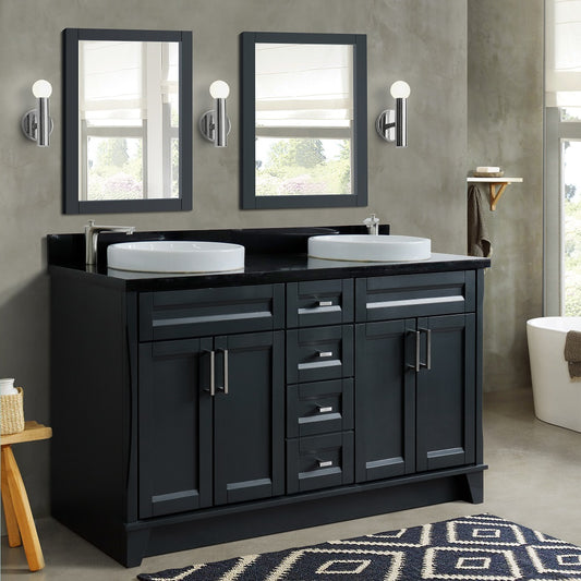 61" Double sink vanity in Dark Gray finish and Black galaxy granite and round sink
