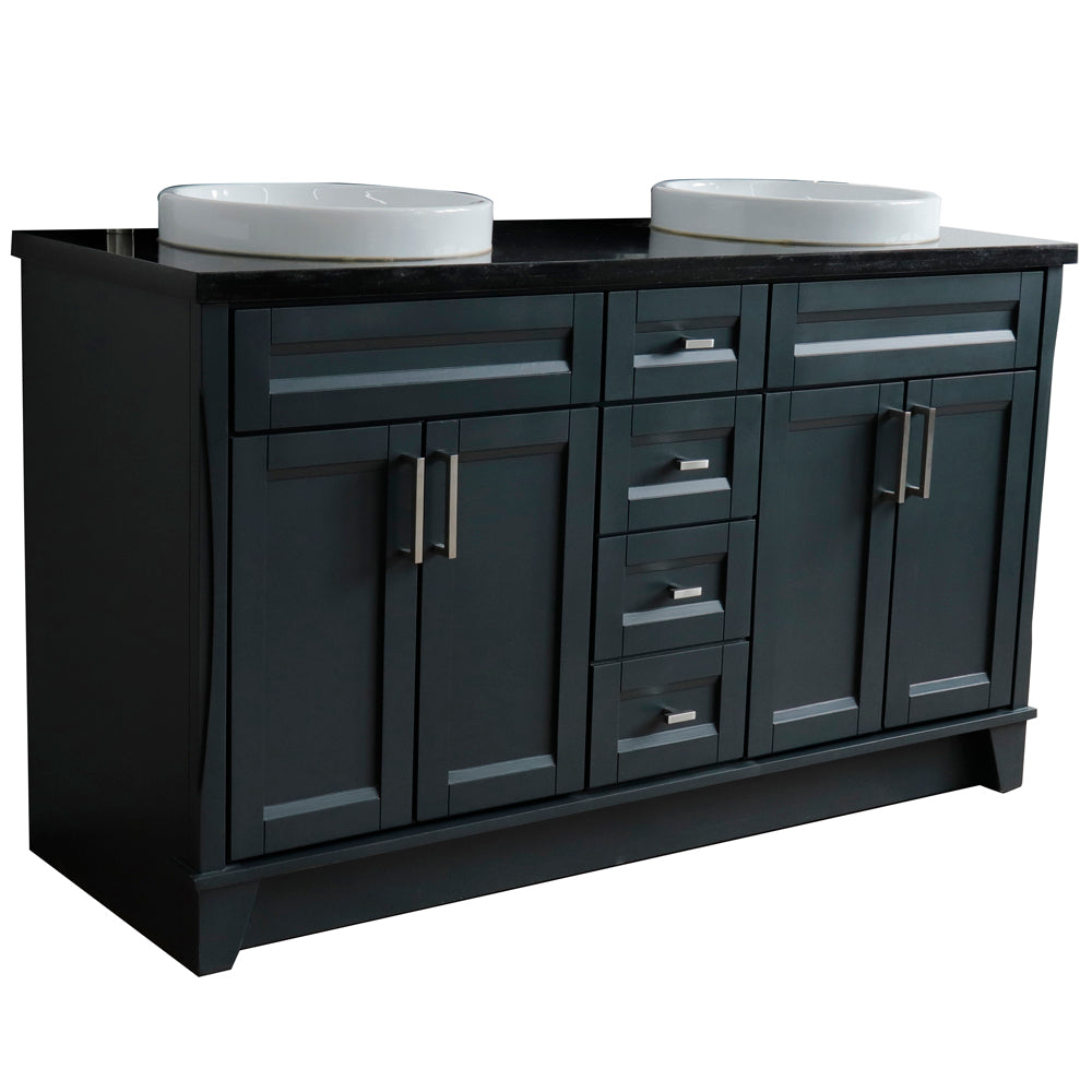 61" Double sink vanity in Dark Gray finish and Black galaxy granite and round sink