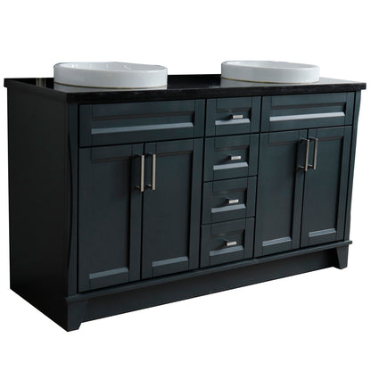 61" Double sink vanity in Dark Gray finish and Black galaxy granite and round sink