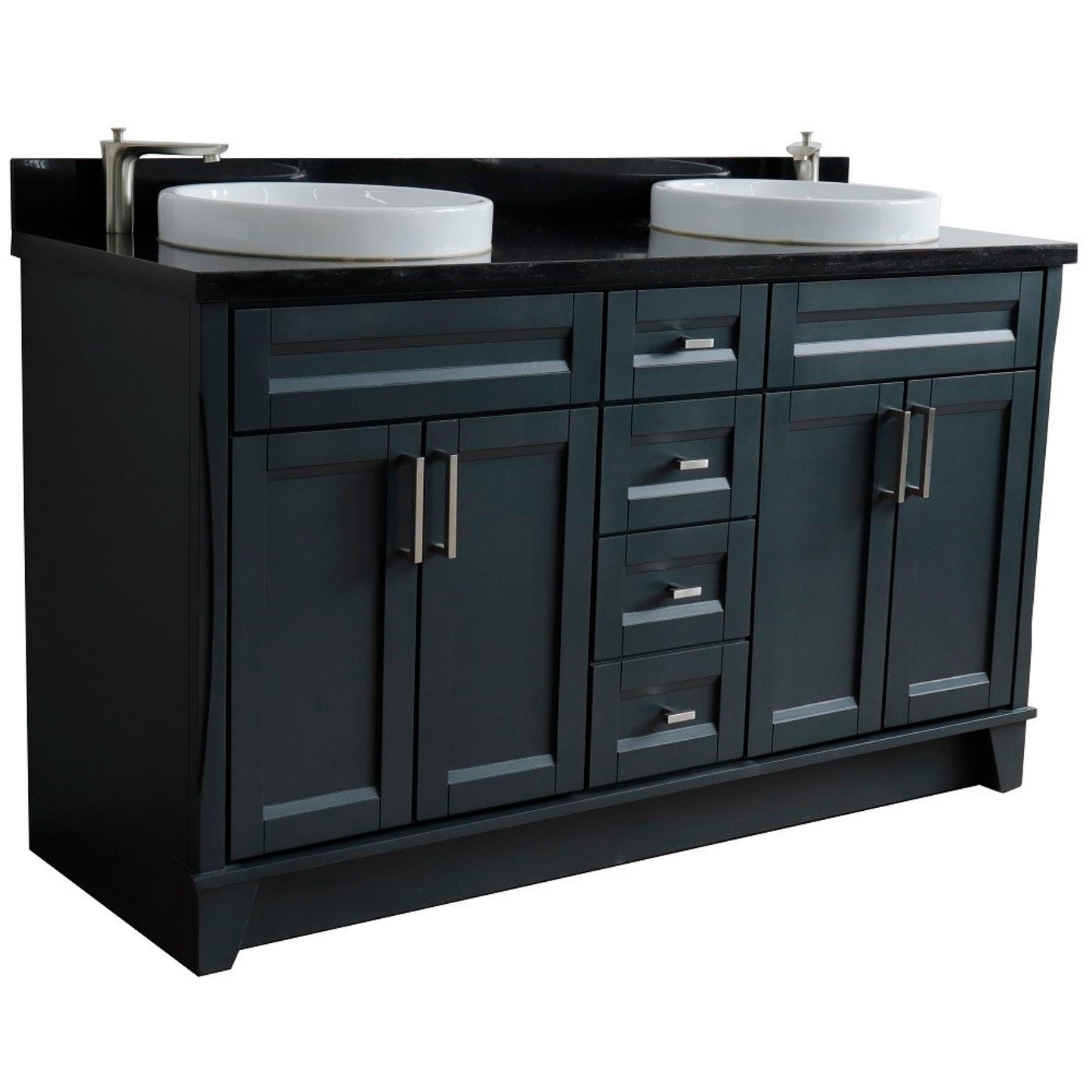 61" Double sink vanity in Dark Gray finish and Black galaxy granite and round sink