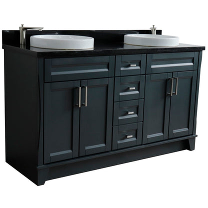 61" Double sink vanity in Dark Gray finish and Black galaxy granite and round sink