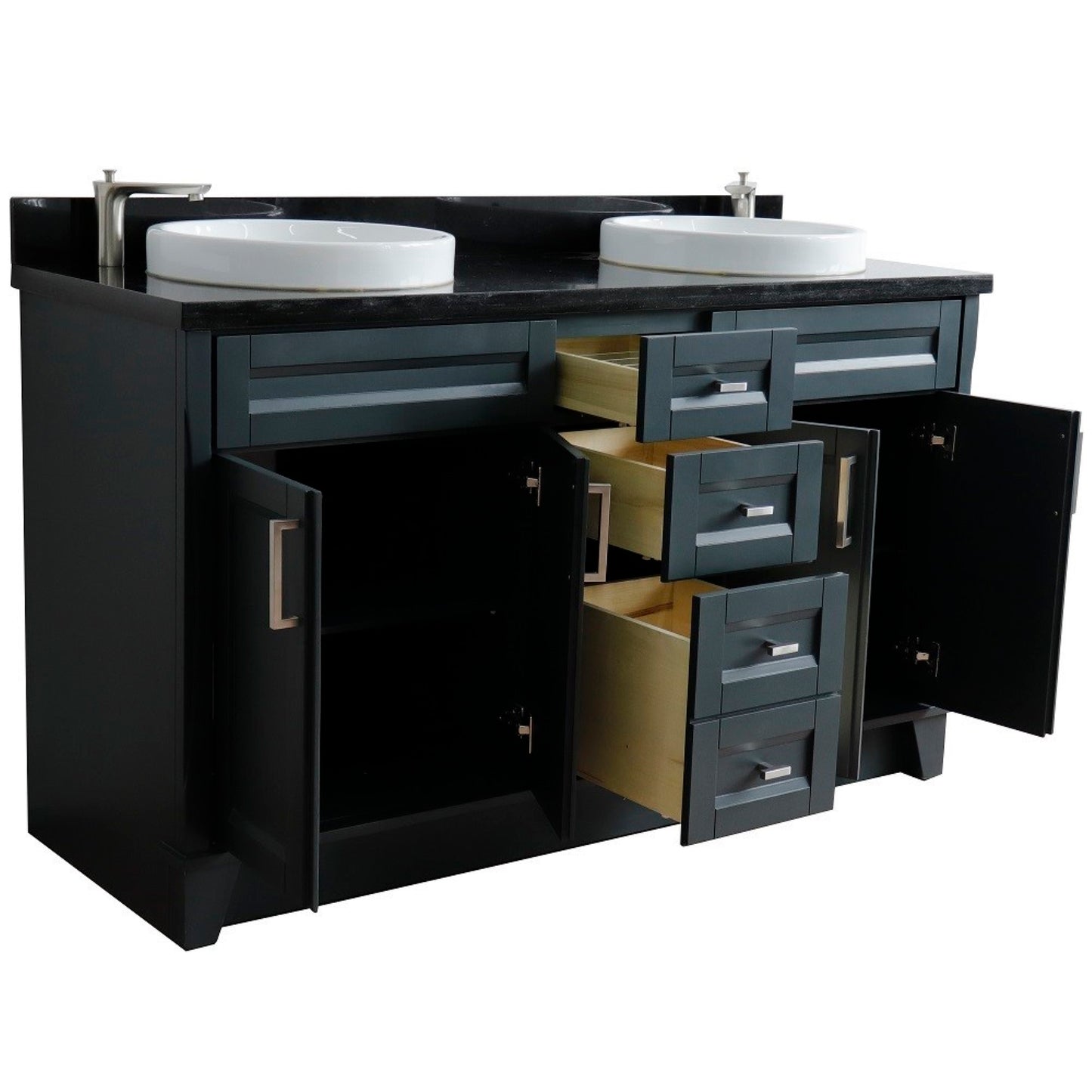 61" Double sink vanity in Dark Gray finish and Black galaxy granite and round sink