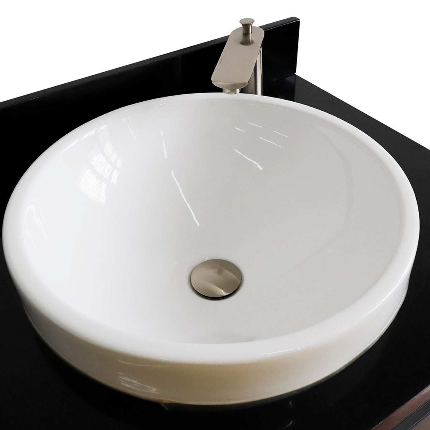 61" Double sink vanity in Dark Gray finish and Black galaxy granite and round sink