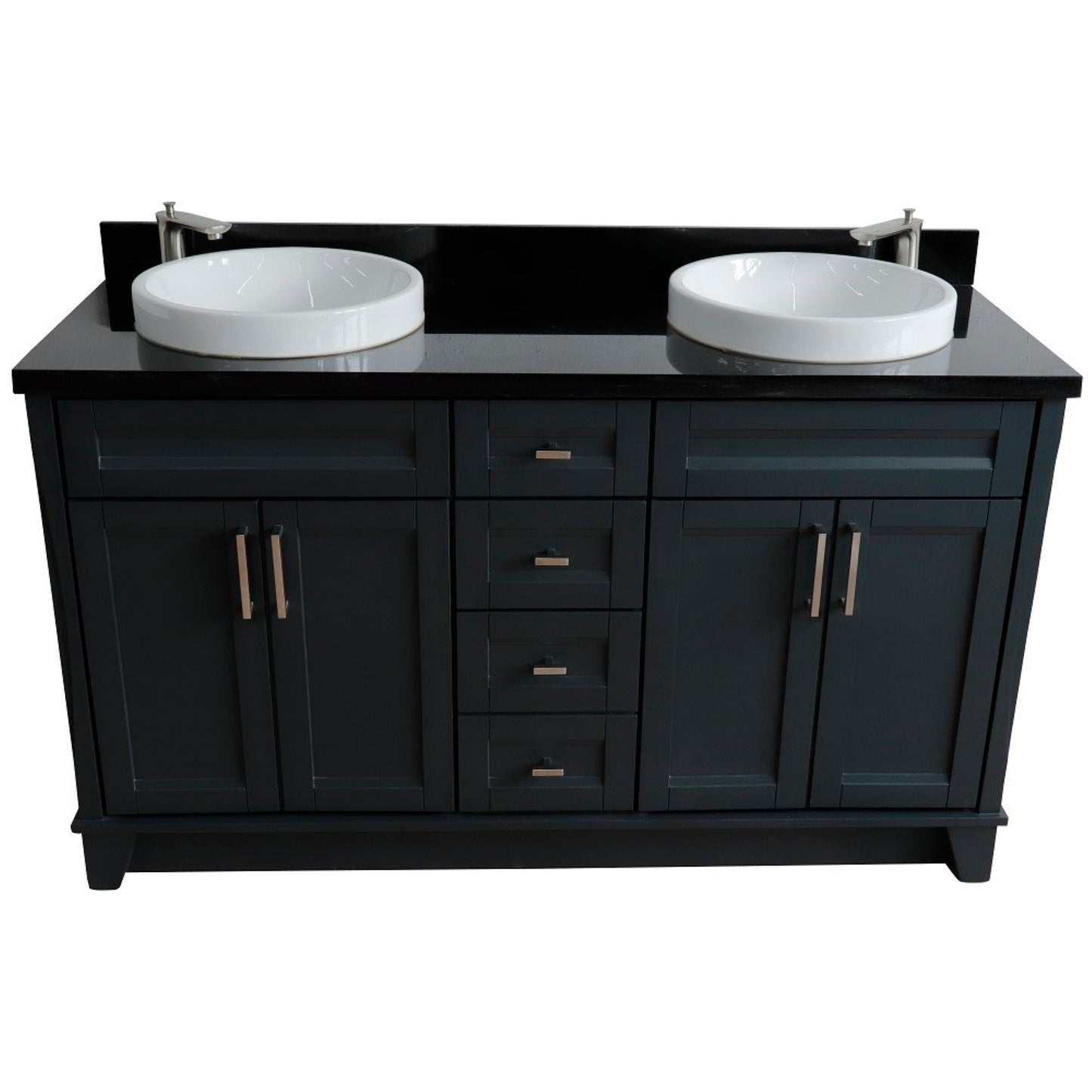 61" Double sink vanity in Dark Gray finish and Black galaxy granite and round sink