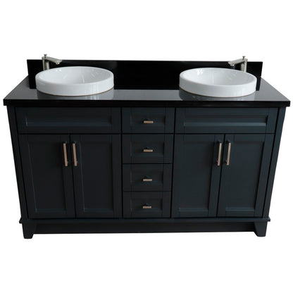 61" Double sink vanity in Dark Gray finish and Black galaxy granite and round sink